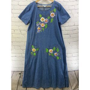 Rama Vintage Denim Dress Womens Sz M  Floral Hand Painted Embellishments